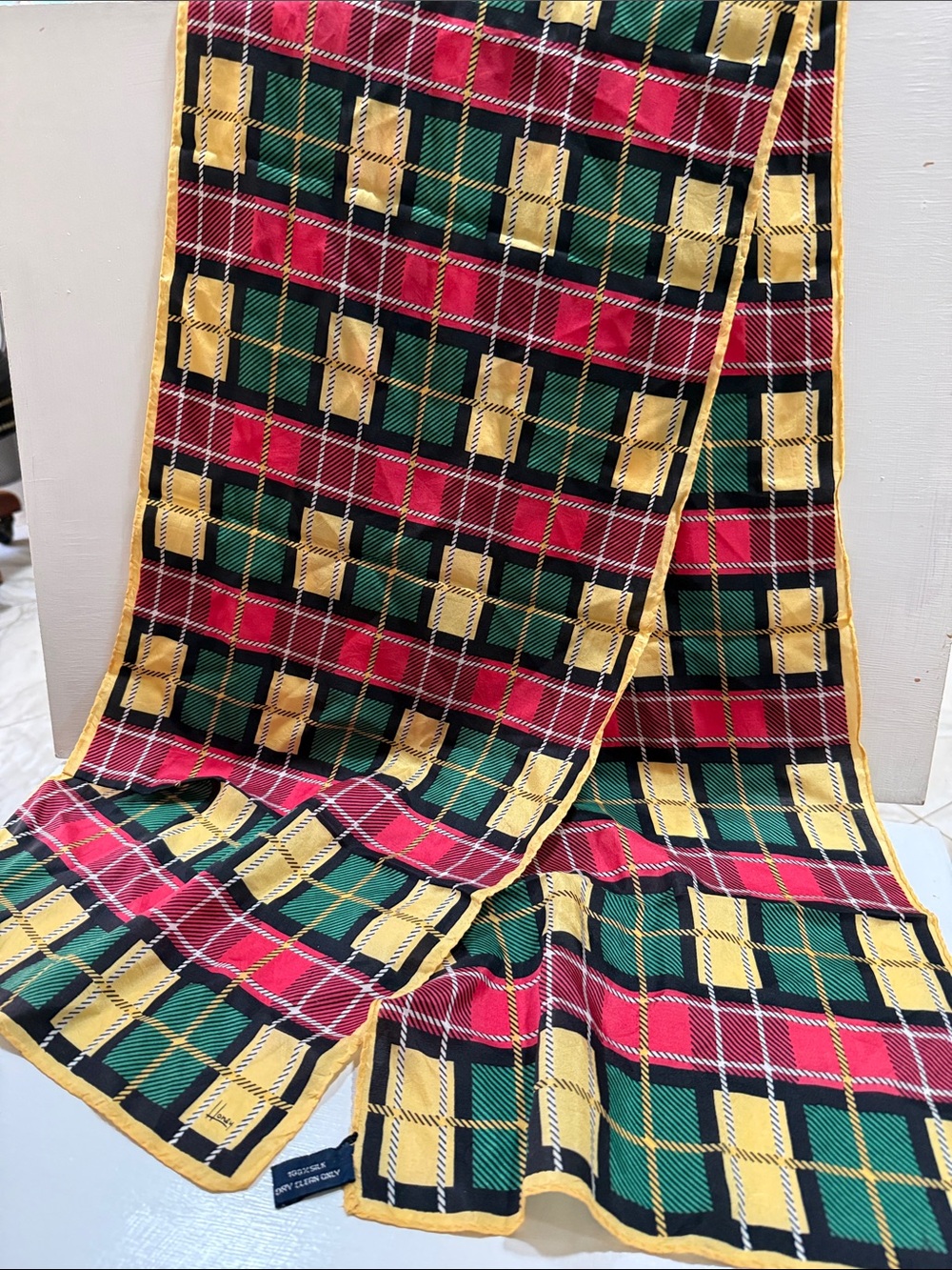 Honey Plaid Multi-Color Women’s Silk Scarf 🧣- Red, Green & Yellow 12” by 60”